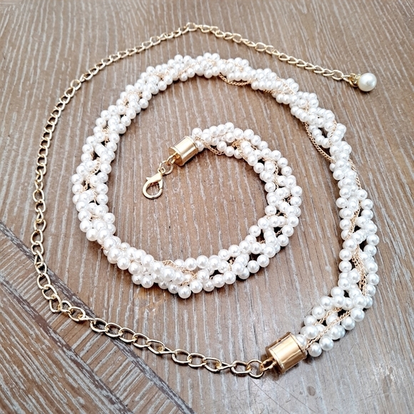 Faux white pearl beaded Gold‎ evening bridal waist wedding dress belt - Picture 15 of 15